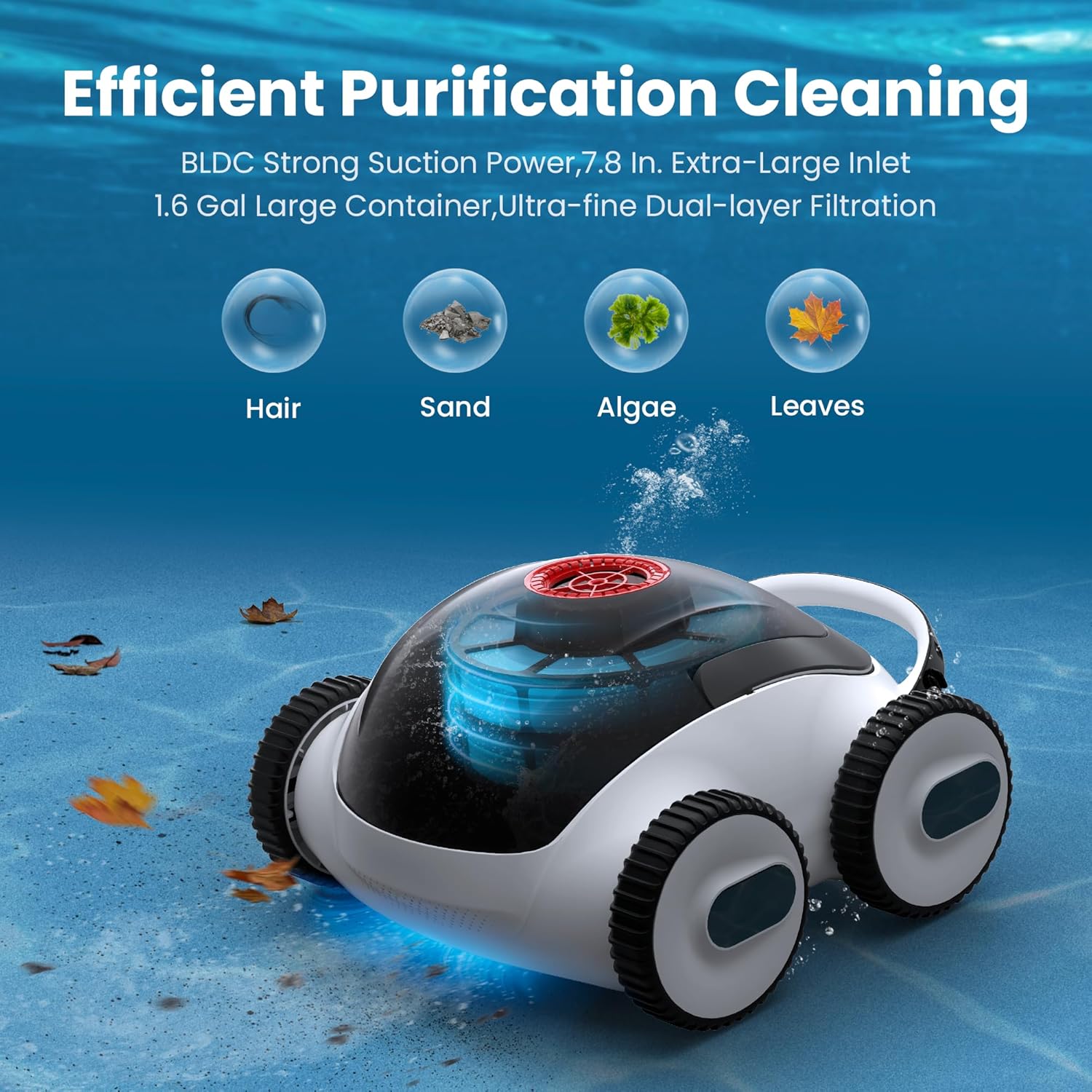 Cordless Robotic Pool Cleaner, Automatic Pool Vacuum with App, Lasts up to 240 Mins, Ultra-fine Dual Filter Ideal for Above/In-Ground Pools up to 1,076 Sq.ft - VacSphere